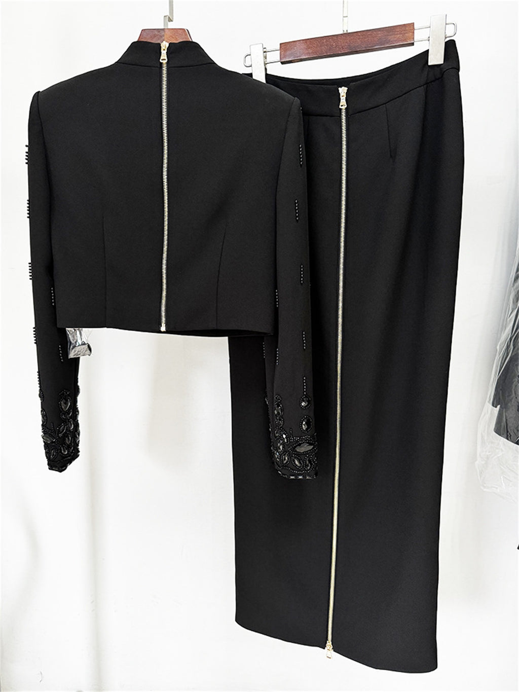 Women Rhinestone Embellished Two Piece Set Long Sleeve Crop Top And Maxi Skirt Formal Party Outfit