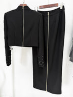 Women Rhinestone Embellished Two Piece Set Long Sleeve Crop Top And Maxi Skirt Formal Party Outfit