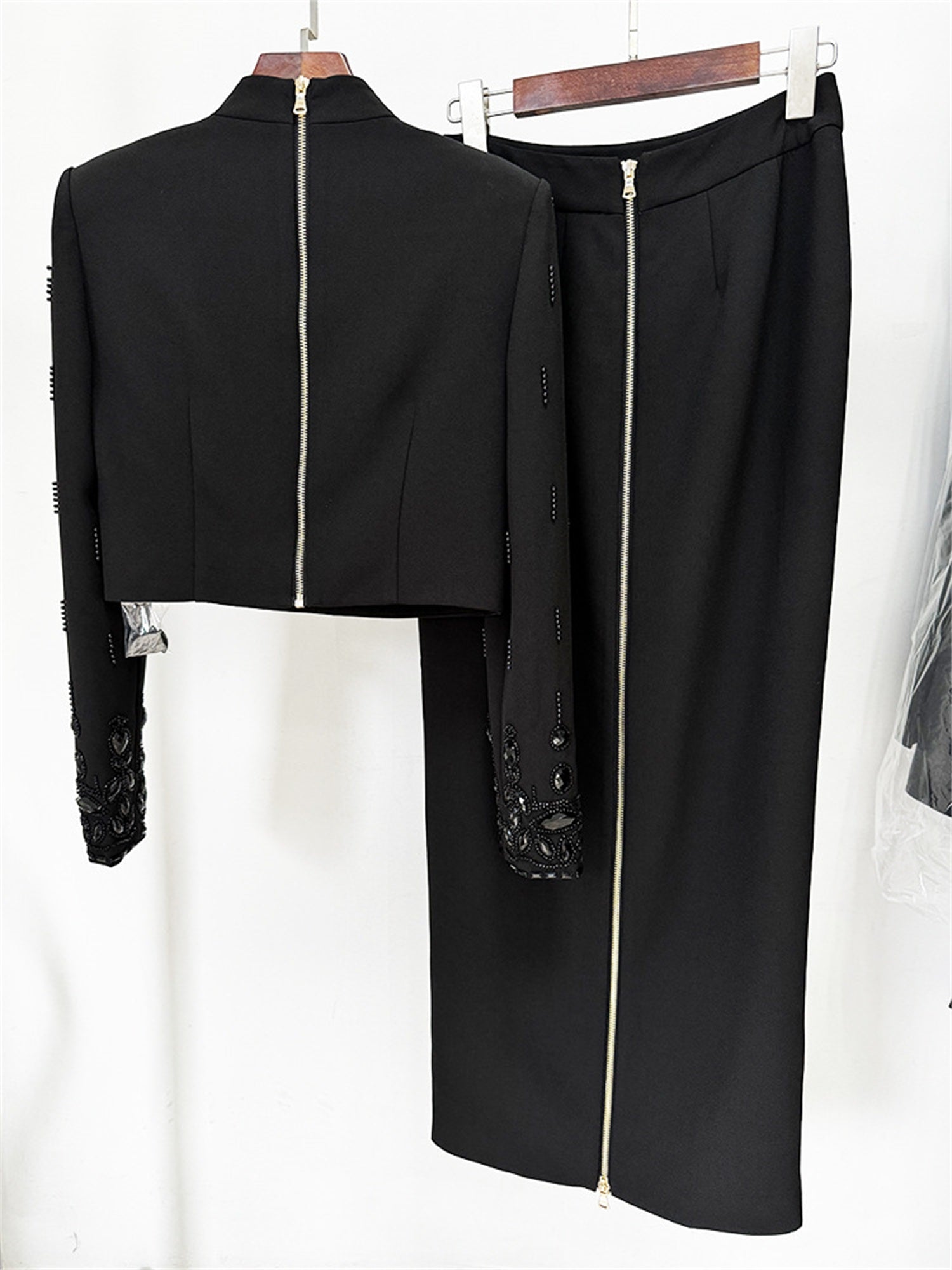 Women Rhinestone Embellished Two Piece Set Long Sleeve Crop Top And Maxi Skirt Formal Party Outfit