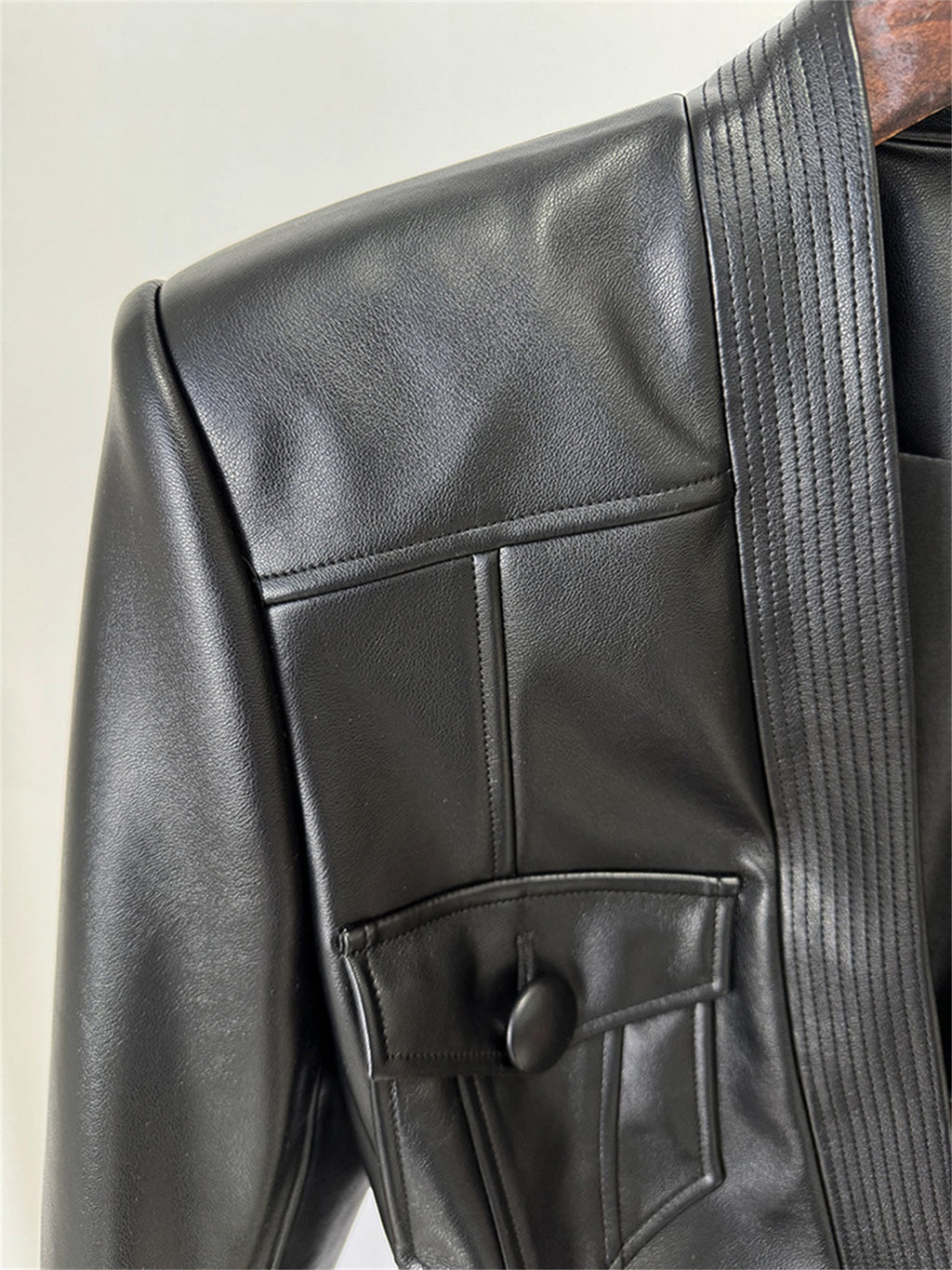 Platlogy Women Slim Fit Belted Leather Blazer Jacket Elegant V Neck Pocket Design Moto Coat for Daily Office Wear