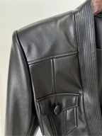 Platlogy Women Slim Fit Belted Leather Blazer Jacket Elegant V Neck Pocket Design Moto Coat for Daily Office Wear
