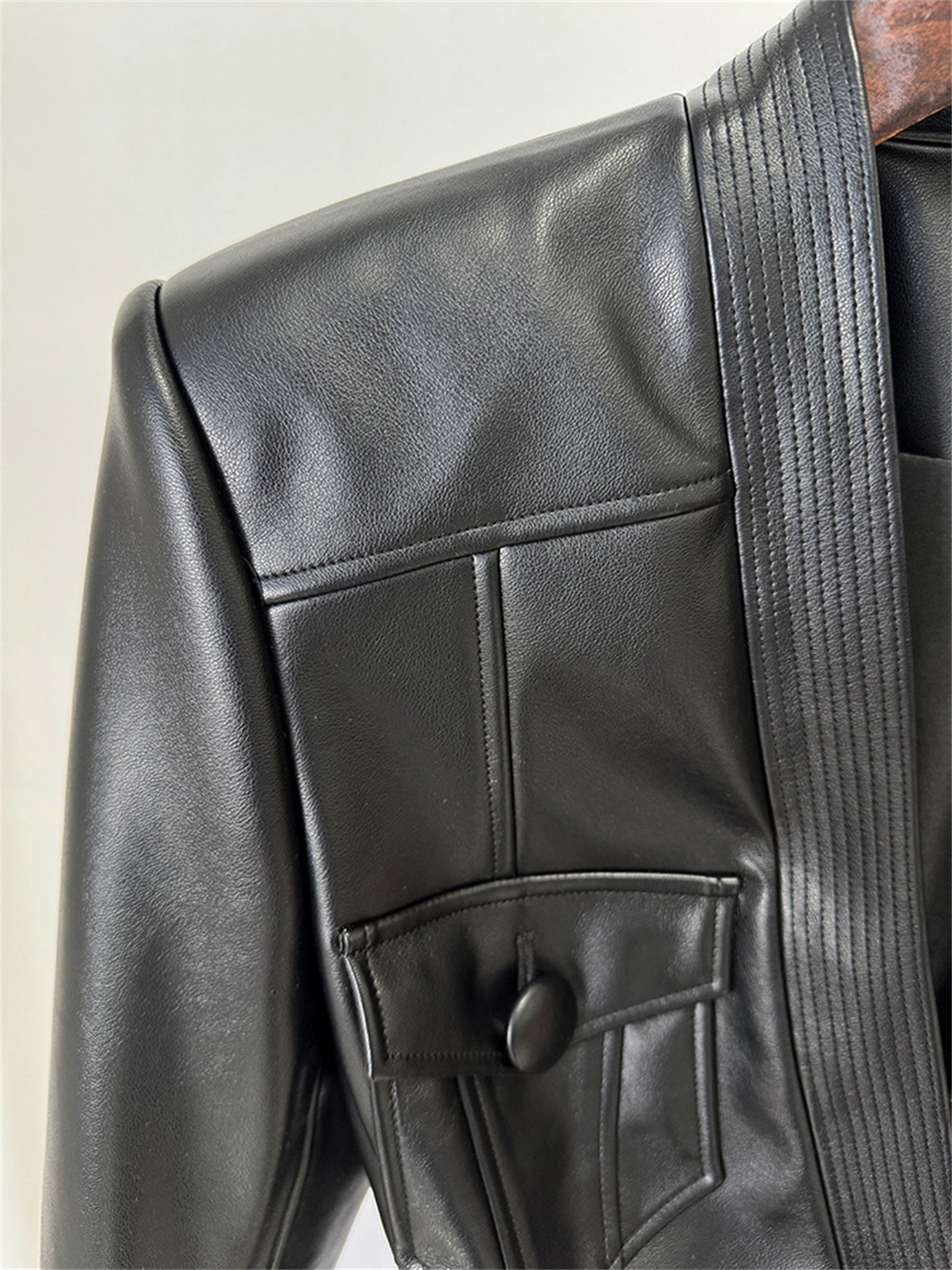 Platlogy Women Slim Fit Belted Leather Blazer Jacket Elegant V Neck Pocket Design Moto Coat for Daily Office Wear