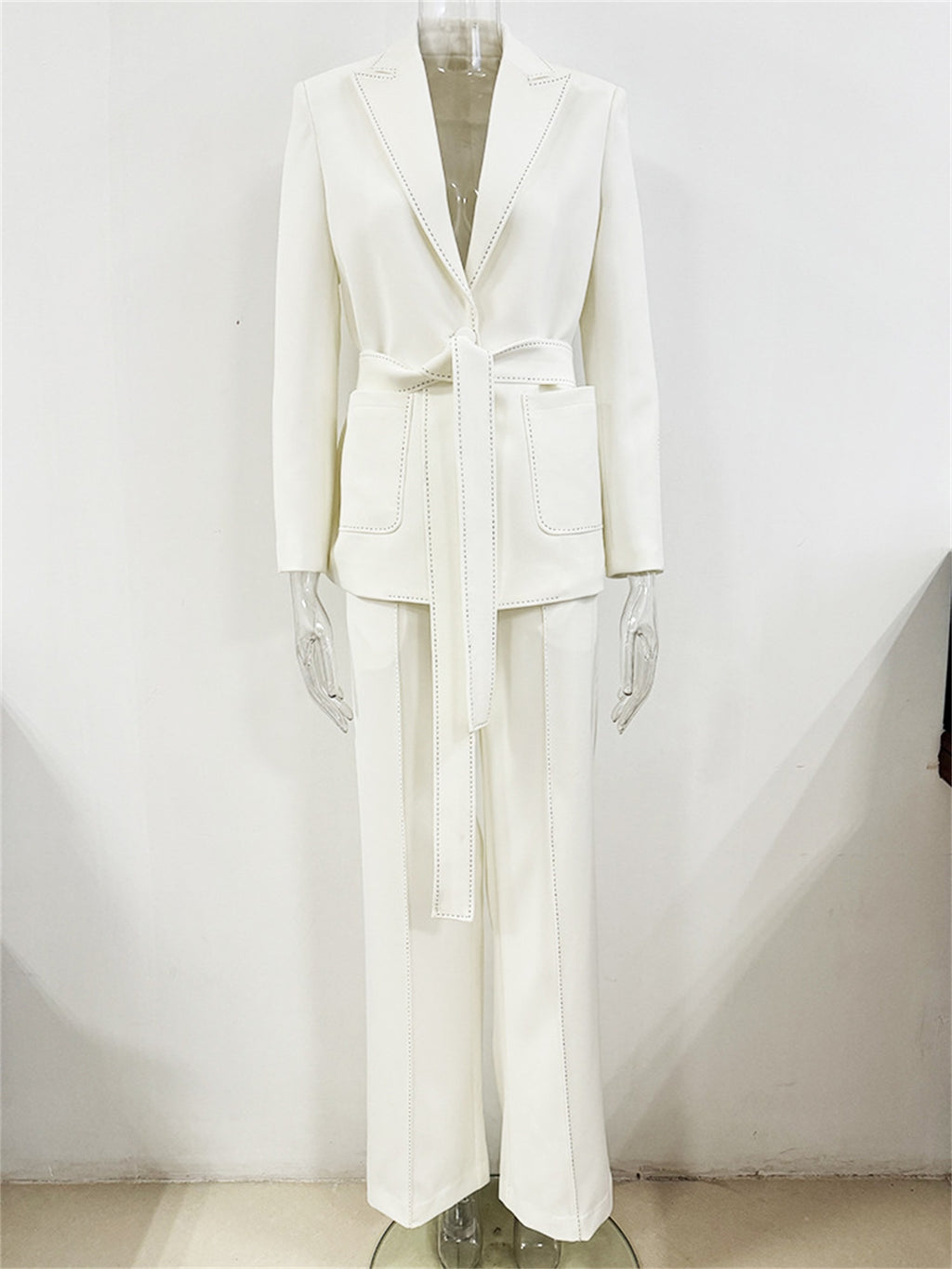 Women Elegant Two Piece Suit Set with Notched Lapel and Waist Tie