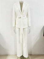 Women Elegant Two Piece Suit Set with Notched Lapel and Waist Tie
