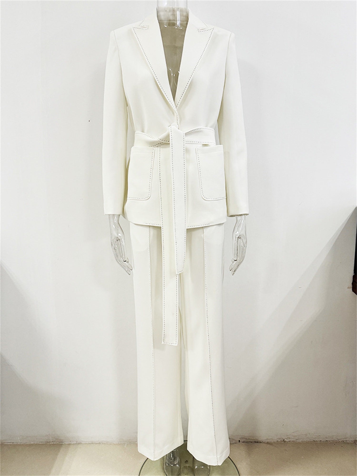 Women Elegant Two Piece Suit Set with Notched Lapel and Waist Tie