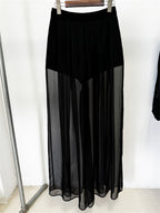 Platlogy Elegant Rhinestone Cutout Back Blazer Sheer Mesh Wide Leg Pants Formal Two Piece Women Suit