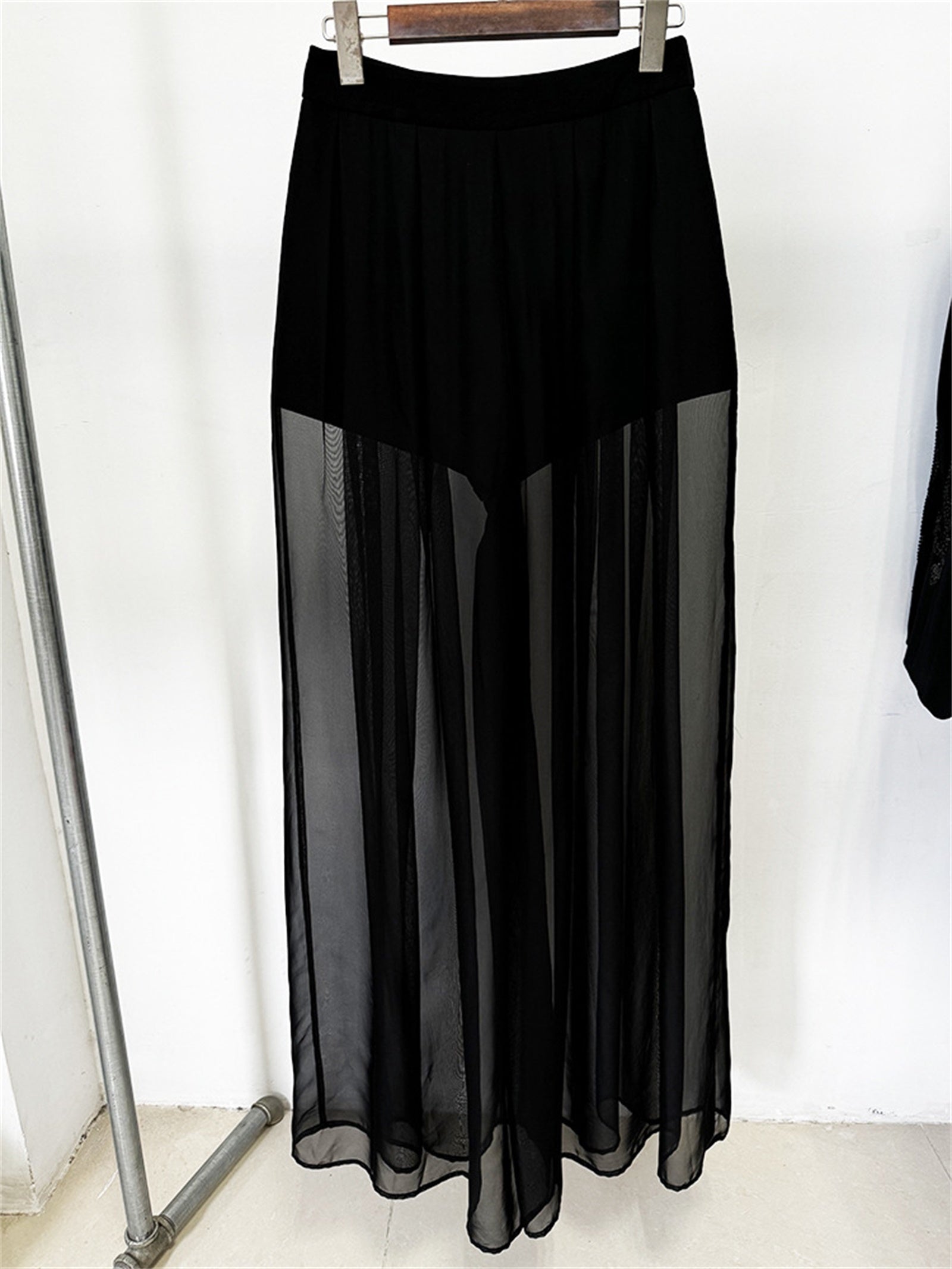 Platlogy Elegant Rhinestone Cutout Back Blazer Sheer Mesh Wide Leg Pants Formal Two Piece Women Suit