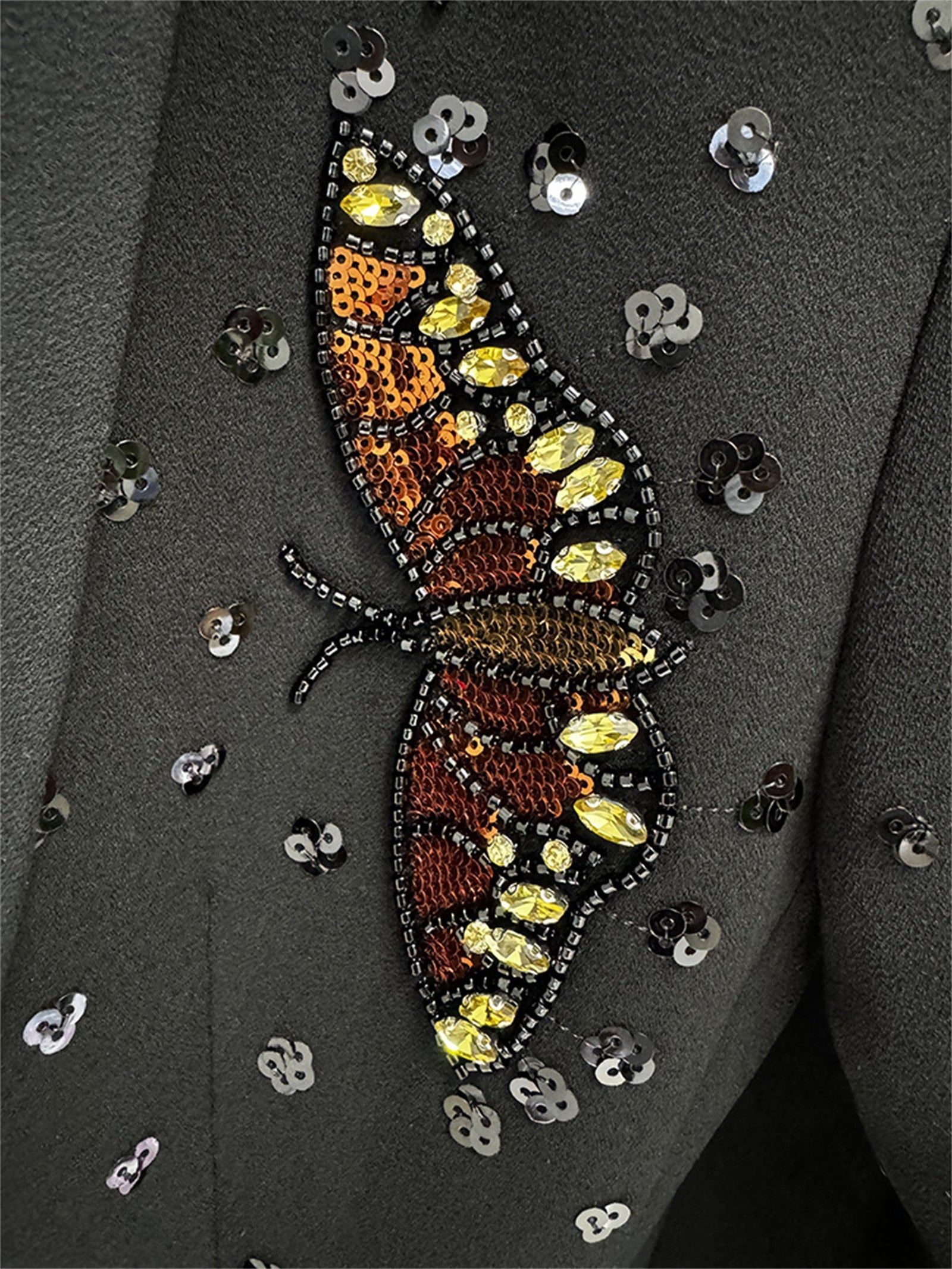 Platlogy Elegant Butterfly Sequin Rhinestone Blazer Wide Leg Pants 2 Piece Women Suit Formal Business Party Outfit
