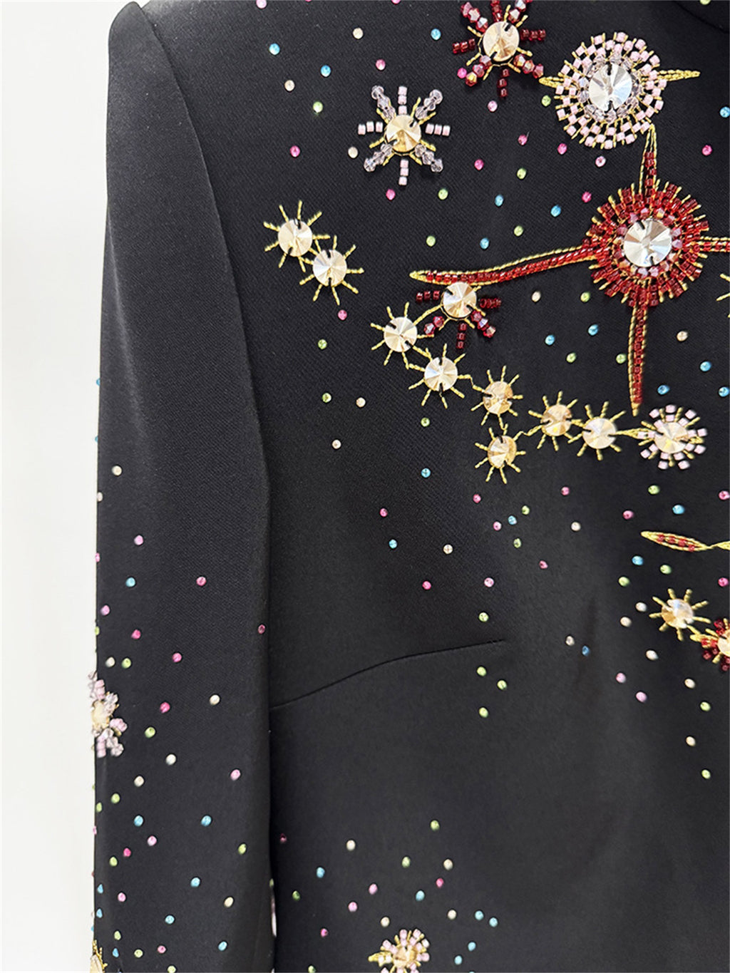 Platlogy Black Stand Collar Long Sleeve Mini Dress Heavy Star Rhinestone Embellished Elegant Party Cocktail Dress
