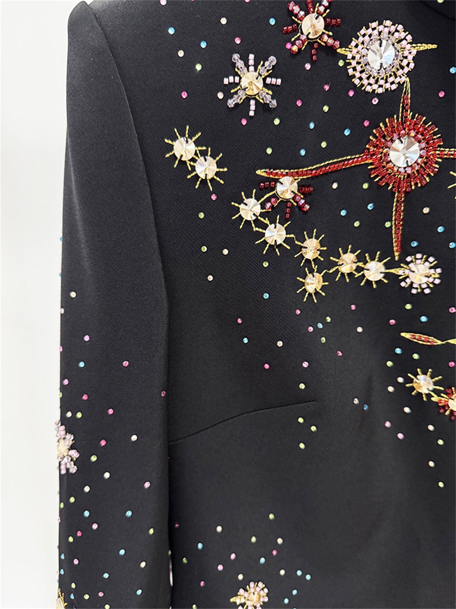 Platlogy Black Stand Collar Long Sleeve Mini Dress Heavy Star Rhinestone Embellished Elegant Party Cocktail Dress