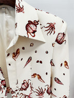 Platlogy Vintage Marine Print Three Piece Women Suit Cropped Blazer Cami Top Wide Leg Pants Elegant Casual Outfit Set