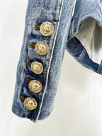 Platlogy V Neck Belted Waist Denim Blazer Women Long Sleeve Pockets Casual Chic Slim Fit Denim Jacket