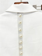 Platlogy White Pearl Decorated Blazer Pants Set Elegant Formal Women Two Piece Suit For Work Party Events
