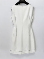 Platlogy White Sleeveless Mini Dress With Black Floral Applique Elegant Work Party Sheath Dress