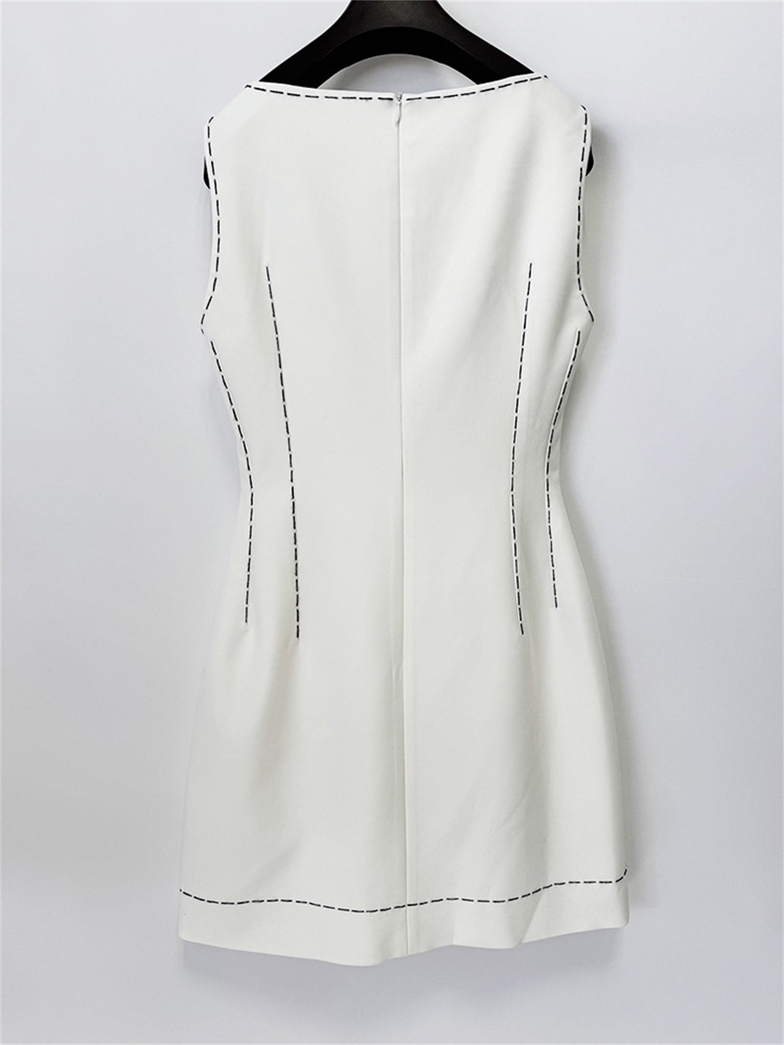 Platlogy White Sleeveless Mini Dress With Black Floral Applique Elegant Work Party Sheath Dress