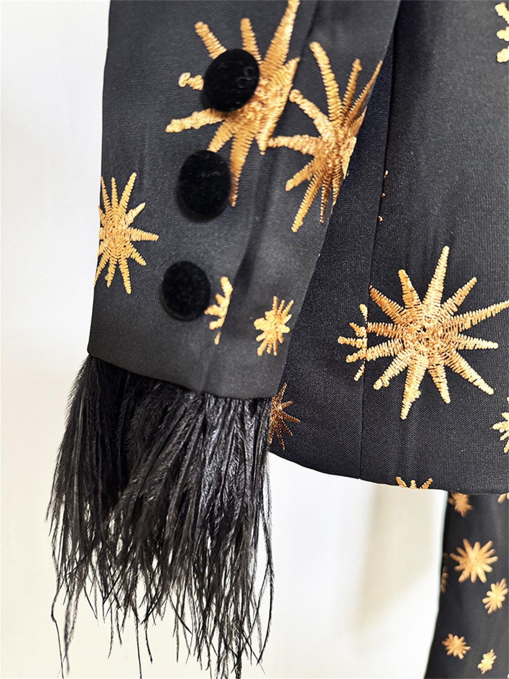 Platlogy Black Golden Star Embroidery Feather Cuff Blazer Flared Pants Two Piece Formal Suit For Women Luxury Evening Party Matching Outfit