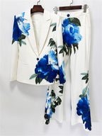 Platlogy Elegant Big Rose Print White Two Piece Women Suit Blazer and Long Pants Set for Formal Business Party Occasions