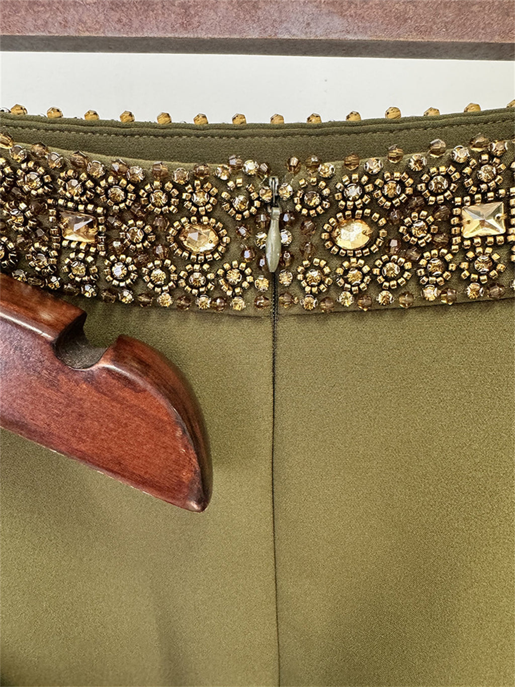 Platlogy Olive Green Handmade Beaded Halter Crop Top Split Long Skirt Two Piece Formal Party Set