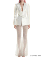 Platlogy Women's 2 Pieces Blazer Pants Suit Sets Hollow Out Flowers Appliques Pearls Beaded Wedding Party Outfits