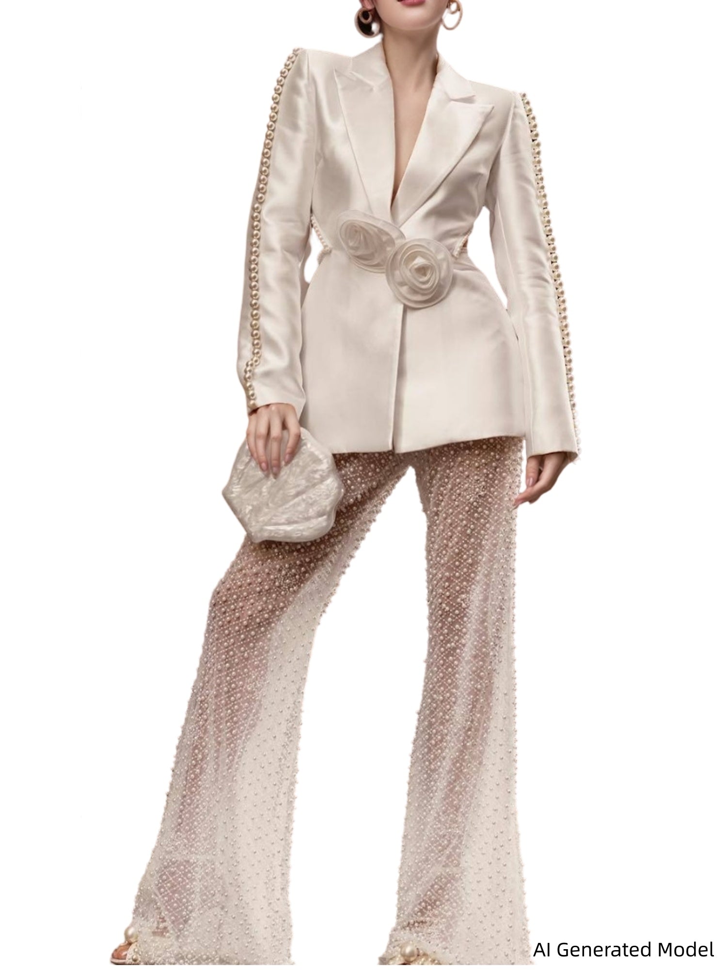 Platlogy Women's 2 Pieces Blazer Pants Suit Sets Hollow Out Flowers Appliques Pearls Beaded Wedding Party Outfits