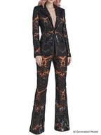 Platlogy Women's  2 Pieces Suit Set Single Button Guipure Lace Sequined Blazer Jacket Pants Suit Outfit
