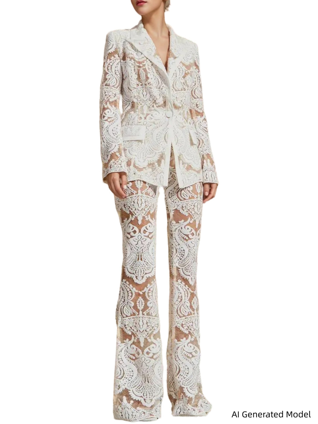 Platlogy Women's  2 Pieces Suit Set Single Button Guipure Lace Sequined Blazer Jacket Pants Suit Outfit
