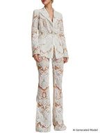 Platlogy Women's  2 Pieces Suit Set Single Button Guipure Lace Sequined Blazer Jacket Pants Suit Outfit