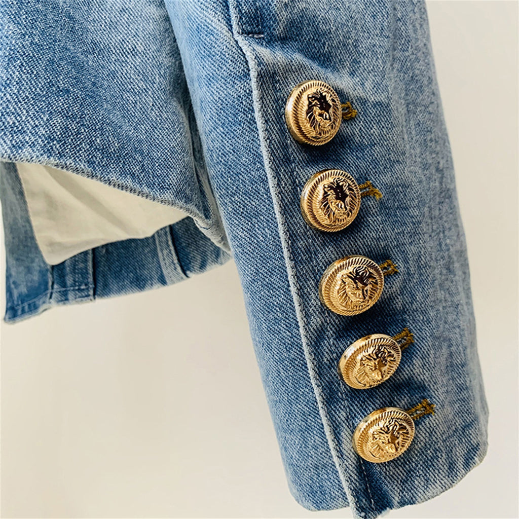 Platlogy Vintage Washed Denim Blazer Women Double Breasted Gold Button Slim Fit Lapel Jean Jacket Casual Business Outerwear