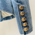 Platlogy Vintage Washed Denim Blazer Women Double Breasted Gold Button Slim Fit Lapel Jean Jacket Casual Business Outerwear