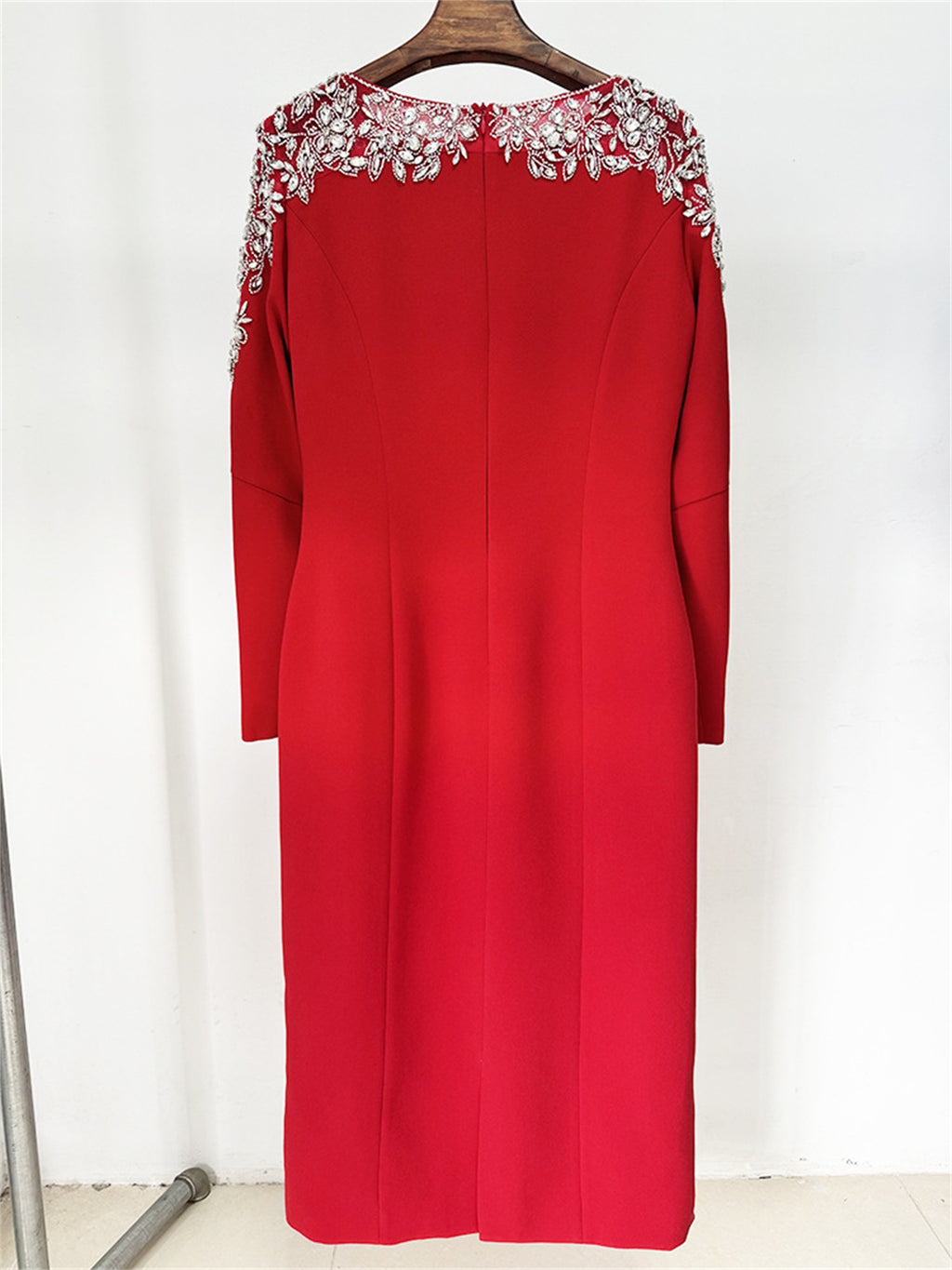 Platlogy Luxury Red Long Sleeve Midi Evening Dress Rhinestone Embellished Formal Party Wedding Guest Dress