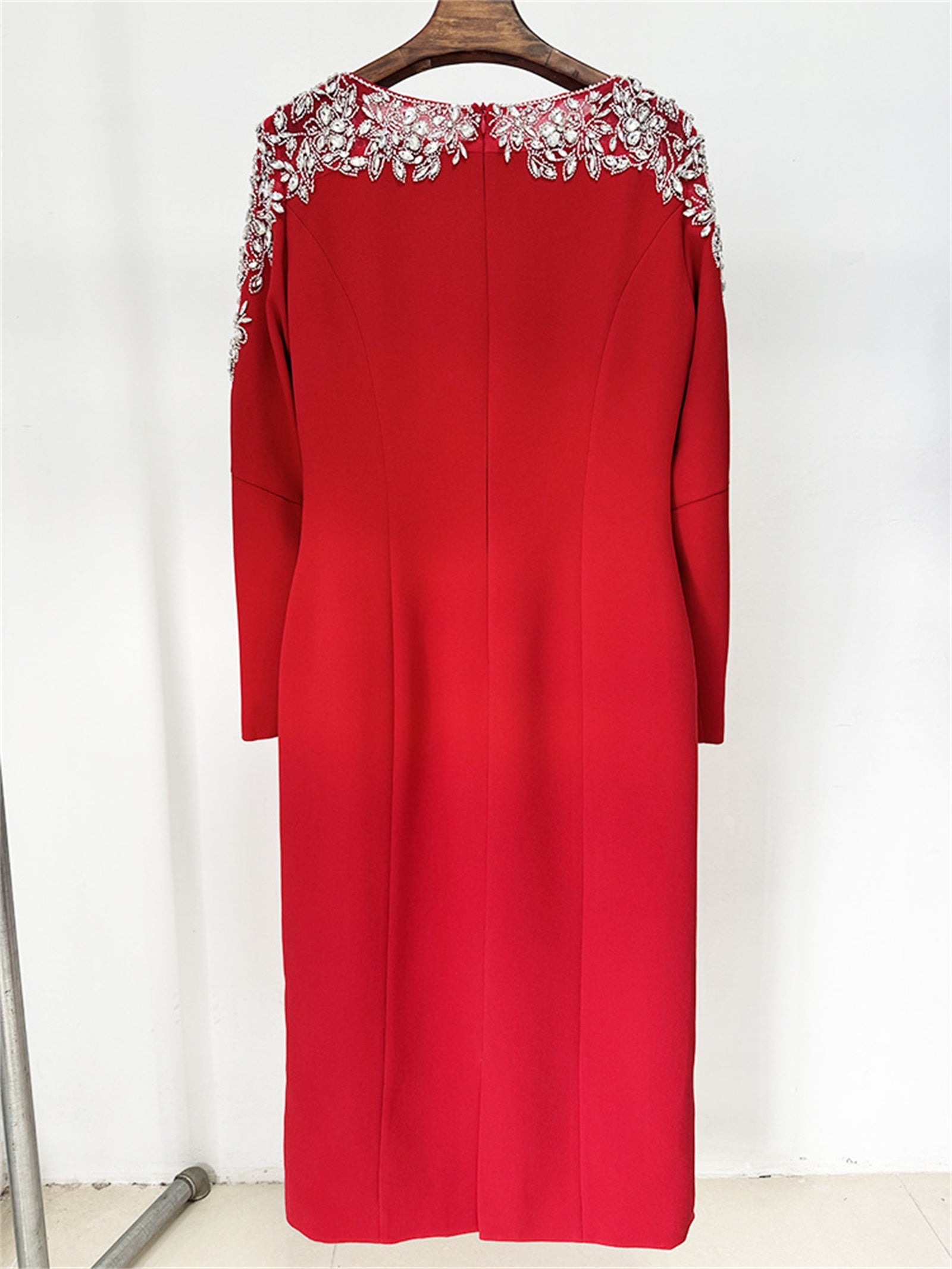 Platlogy Luxury Red Long Sleeve Midi Evening Dress Rhinestone Embellished Formal Party Wedding Guest Dress