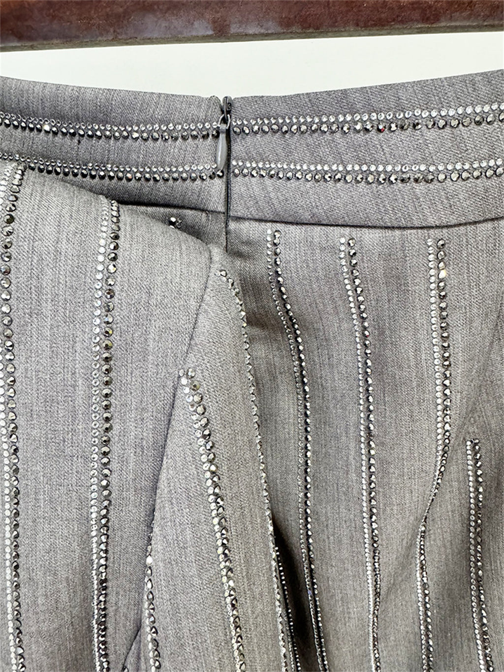 Platlogy Grey Rhinestone Stripe Double Breasted Blazer Pants Set Elegant Women Business Two Piece Suit for Work Party Daily Wear