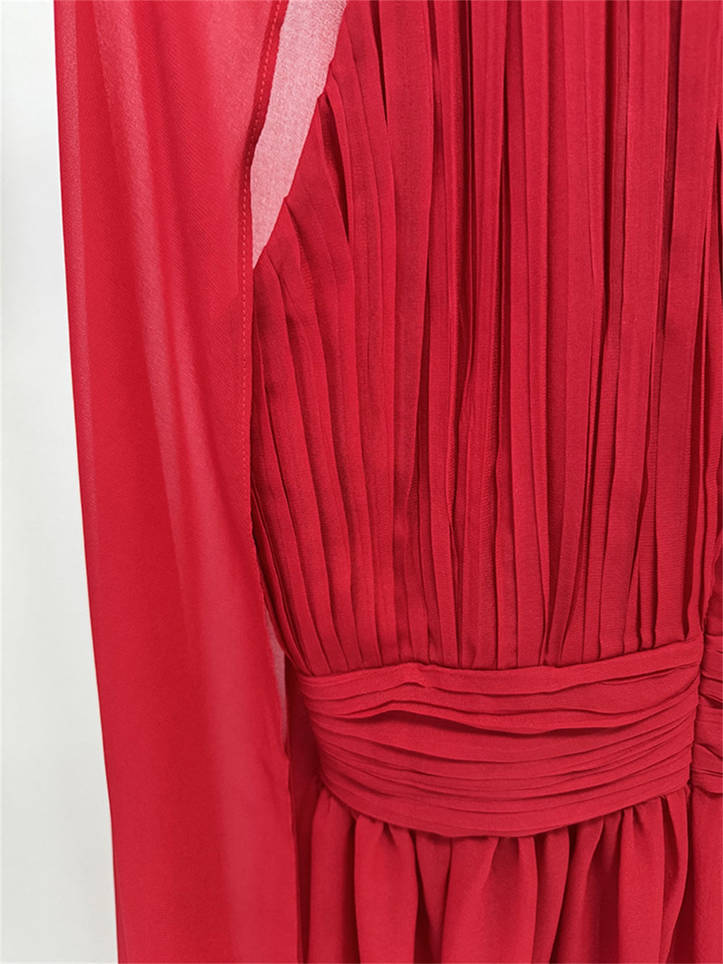 Platlogy Red High Neck Cape Sleeve Chiffon Maxi Evening Dress Elegant Formal Party Gown