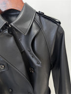 Platlogy Emerald Green Double Breasted Belted Long Leather Trench Coat For Women Elegant Fall Winter Outerwear