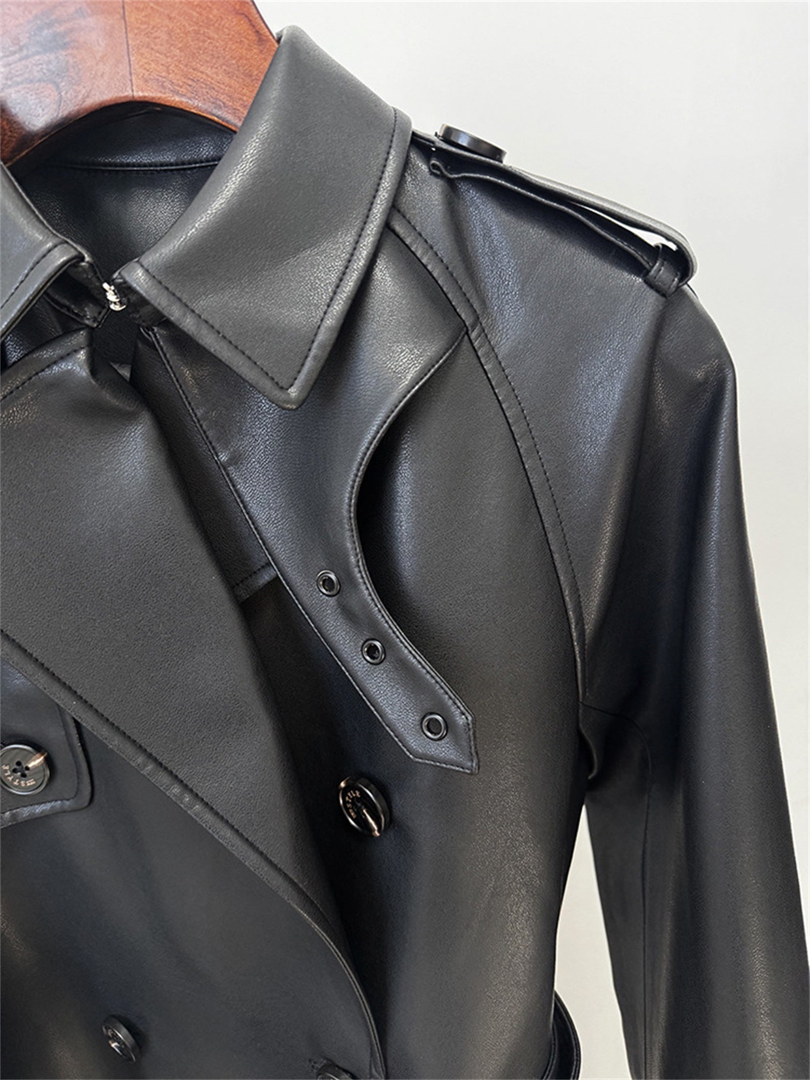 Platlogy Emerald Green Double Breasted Belted Long Leather Trench Coat For Women Elegant Fall Winter Outerwear