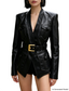 Platlogy Women Slim Fit Belted Leather Blazer Jacket Elegant V Neck Pocket Design Moto Coat for Daily Office Wear