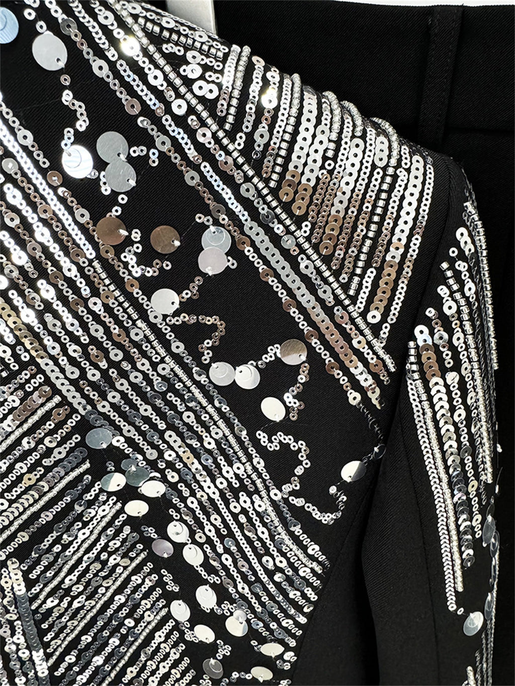 Sparkly Beaded Tuxedo Blazer Straight Leg Pants Suit For Party
