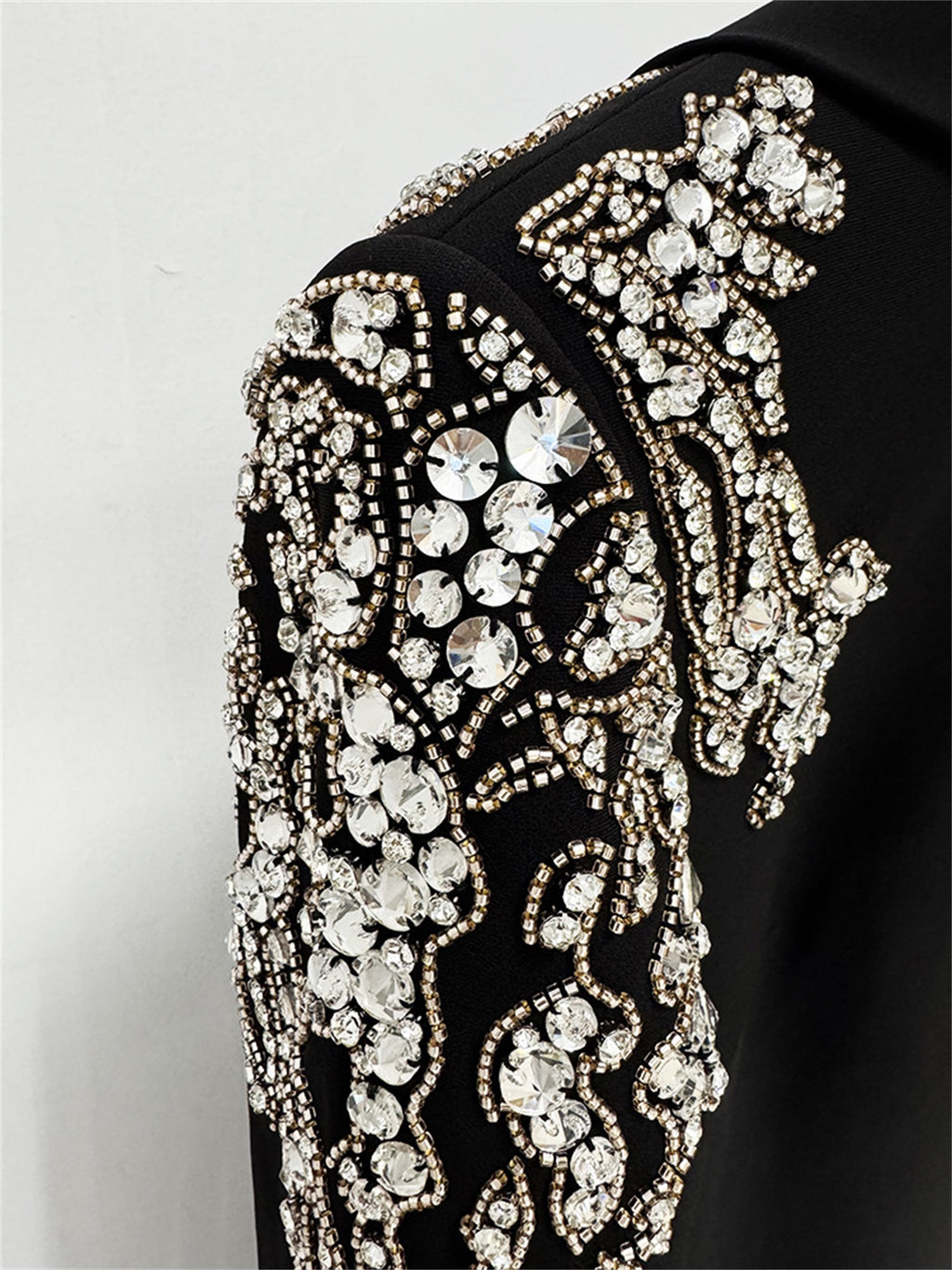 Platlogy Luxury Rhinestone Embellished Lapel Long Sleeve Maxi Dress Elegant Black Formal Evening Bodycon Dress