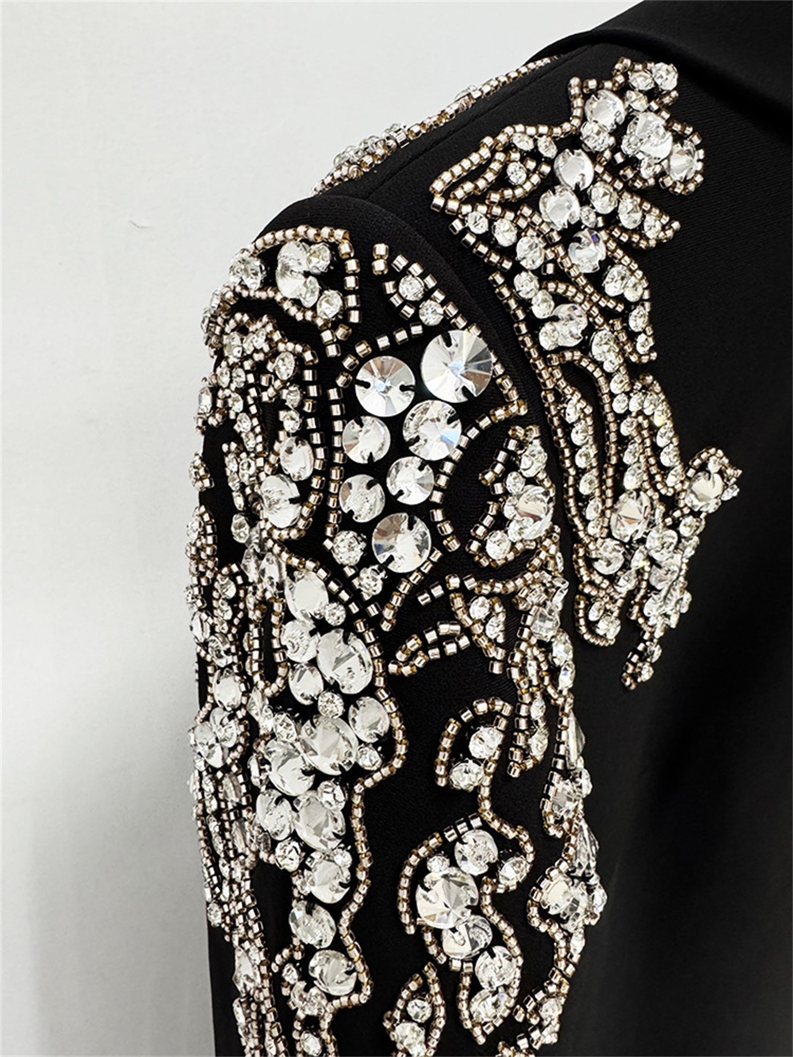 Platlogy Luxury Rhinestone Embellished Lapel Long Sleeve Maxi Dress Elegant Black Formal Evening Bodycon Dress