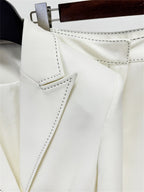 Platlogy Elegant White Belted Blazer Pants Set Stitched Detail Formal Business Two Piece Outfit For Women