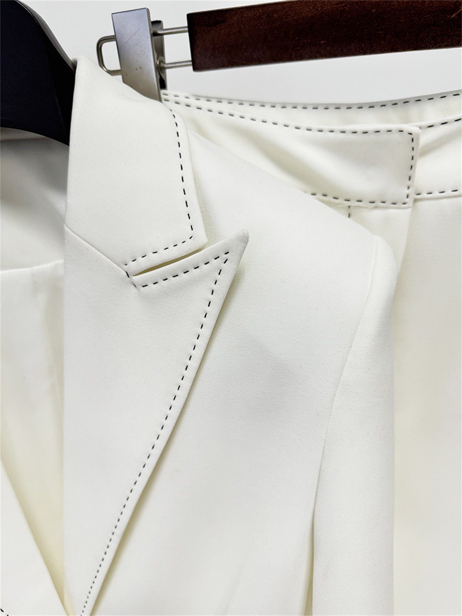 Platlogy Elegant White Belted Blazer Pants Set Stitched Detail Formal Business Two Piece Outfit For Women