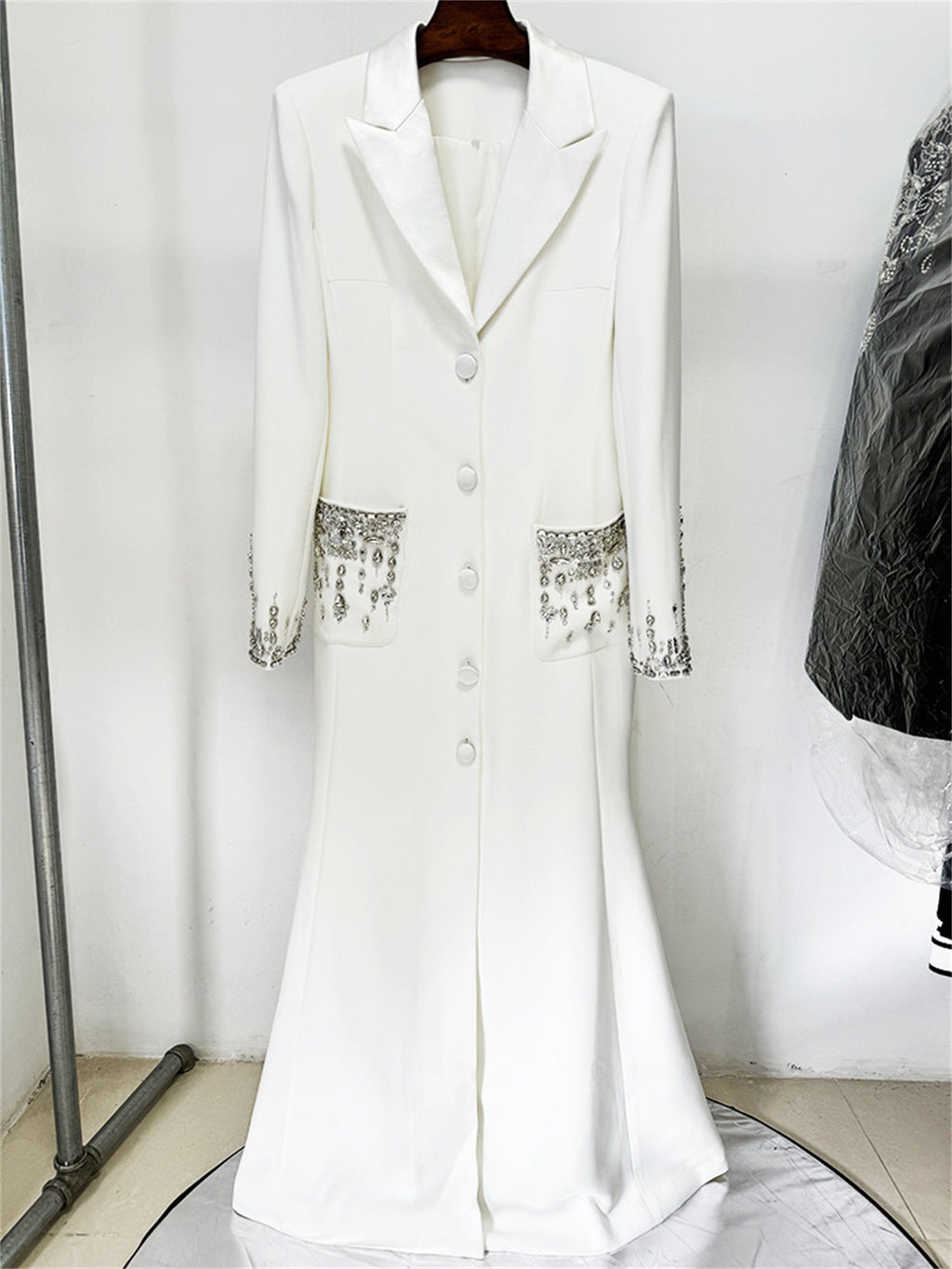 Embellished Cuff Maxi Blazer Dress Button Front Evening Party Dress