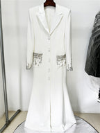 Embellished Cuff Maxi Blazer Dress Button Front Evening Party Dress
