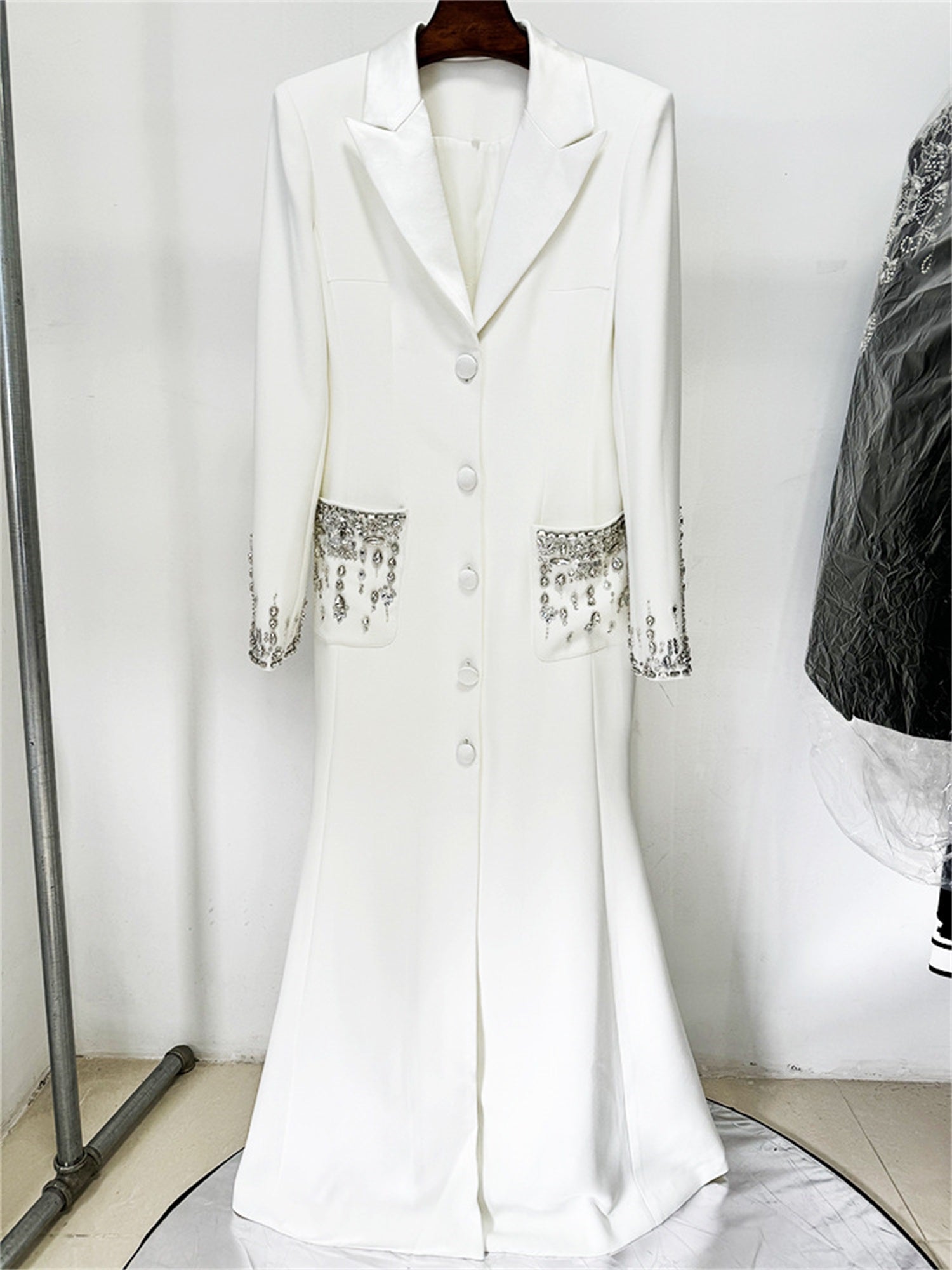 Embellished Cuff Maxi Blazer Dress Button Front Evening Party Dress