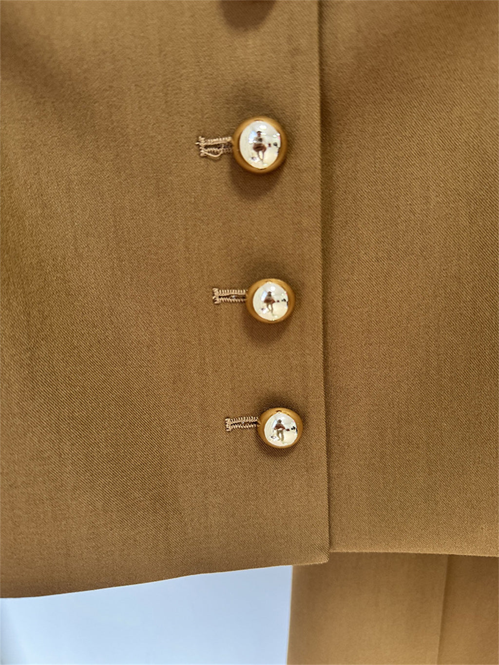 Platlogy Elegant Round Neck Gold Button Cropped Blazer Wide Leg Pant Two Piece Formal Women Suit For Work Daily Occasions