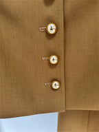 Platlogy Elegant Round Neck Gold Button Cropped Blazer Wide Leg Pant Two Piece Formal Women Suit For Work Daily Occasions