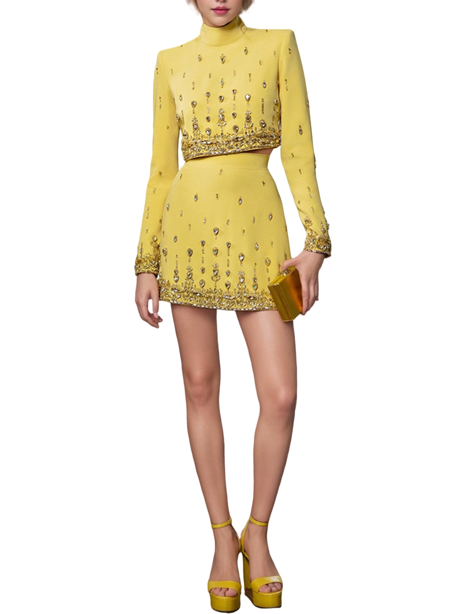 Womens Embellished 2 Piece Blazer Skirt Set High Neck Long Sleeve Formal Party Outfit Main image