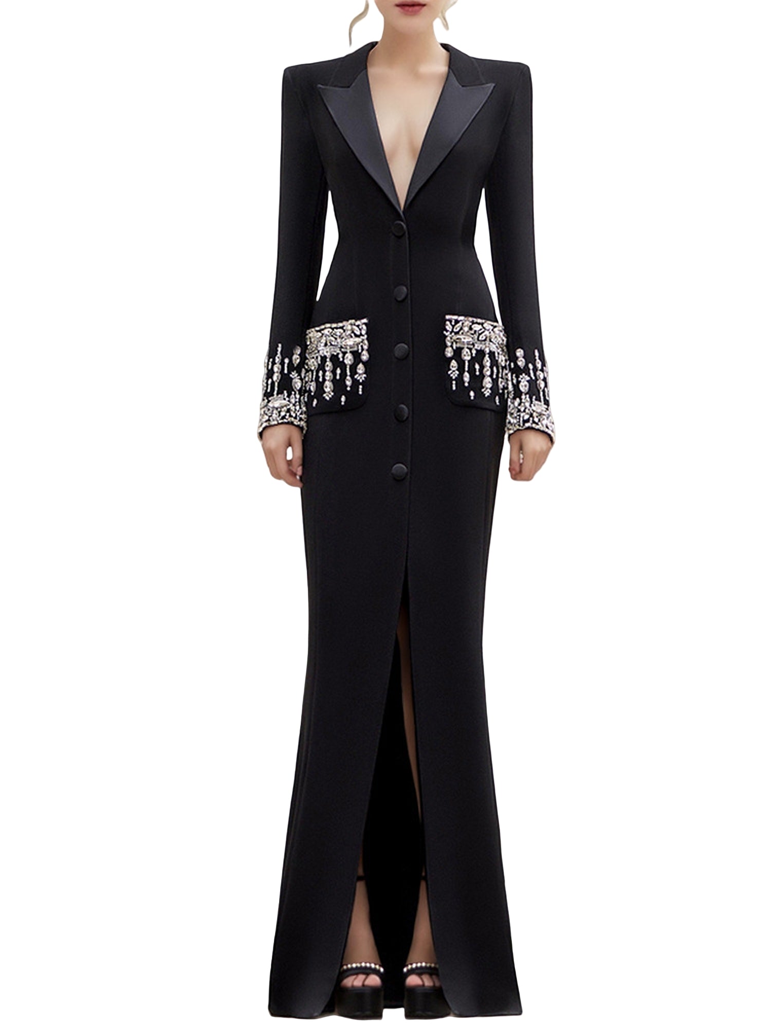 Embellished Cuff Maxi Blazer Dress Button Front Evening Party Dress Main image