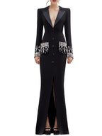 Embellished Cuff Maxi Blazer Dress Button Front Evening Party Dress