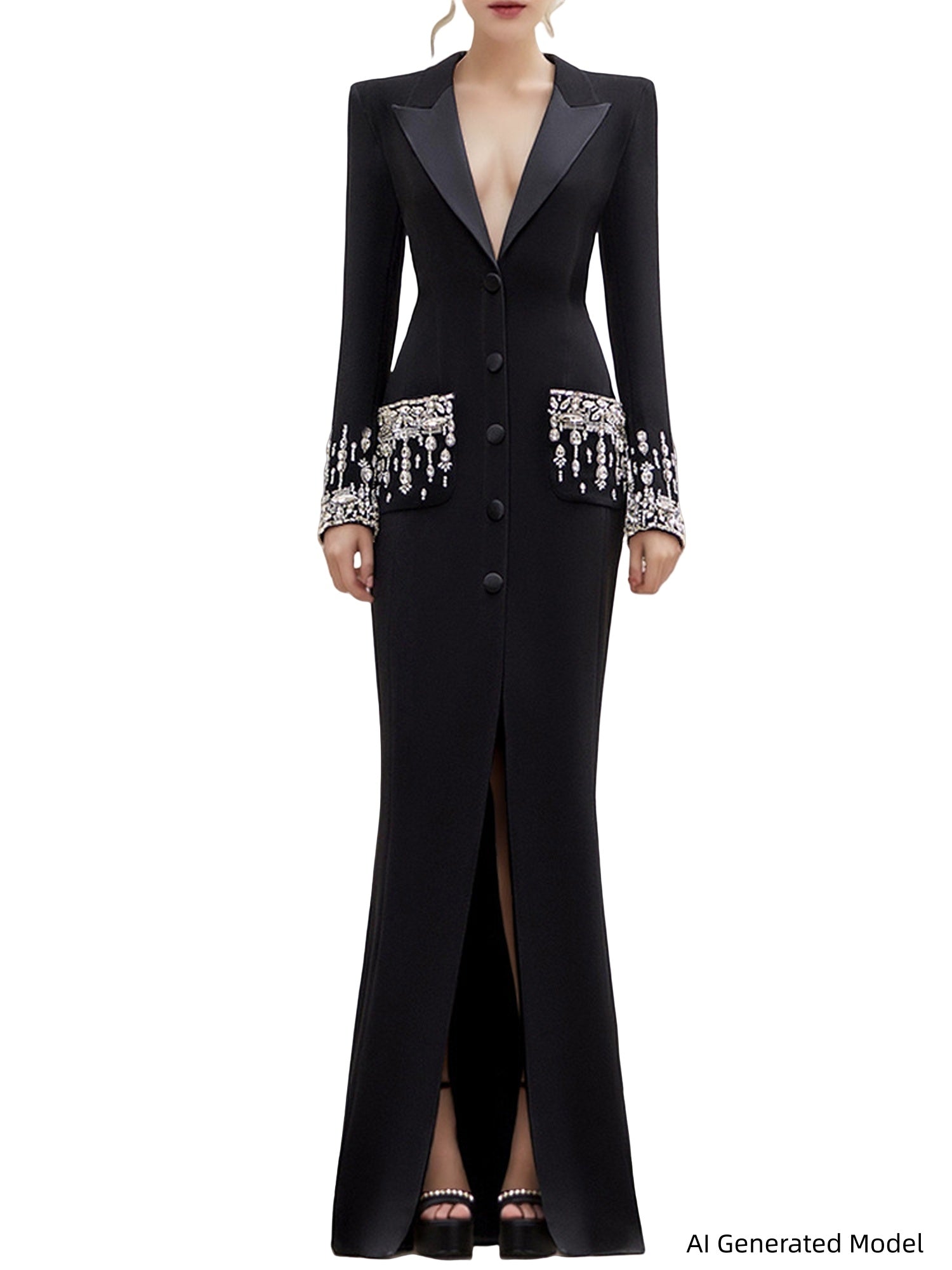 Platlogy Embellished Cuff Maxi Blazer Dress Button Front Evening Party Dress Main image